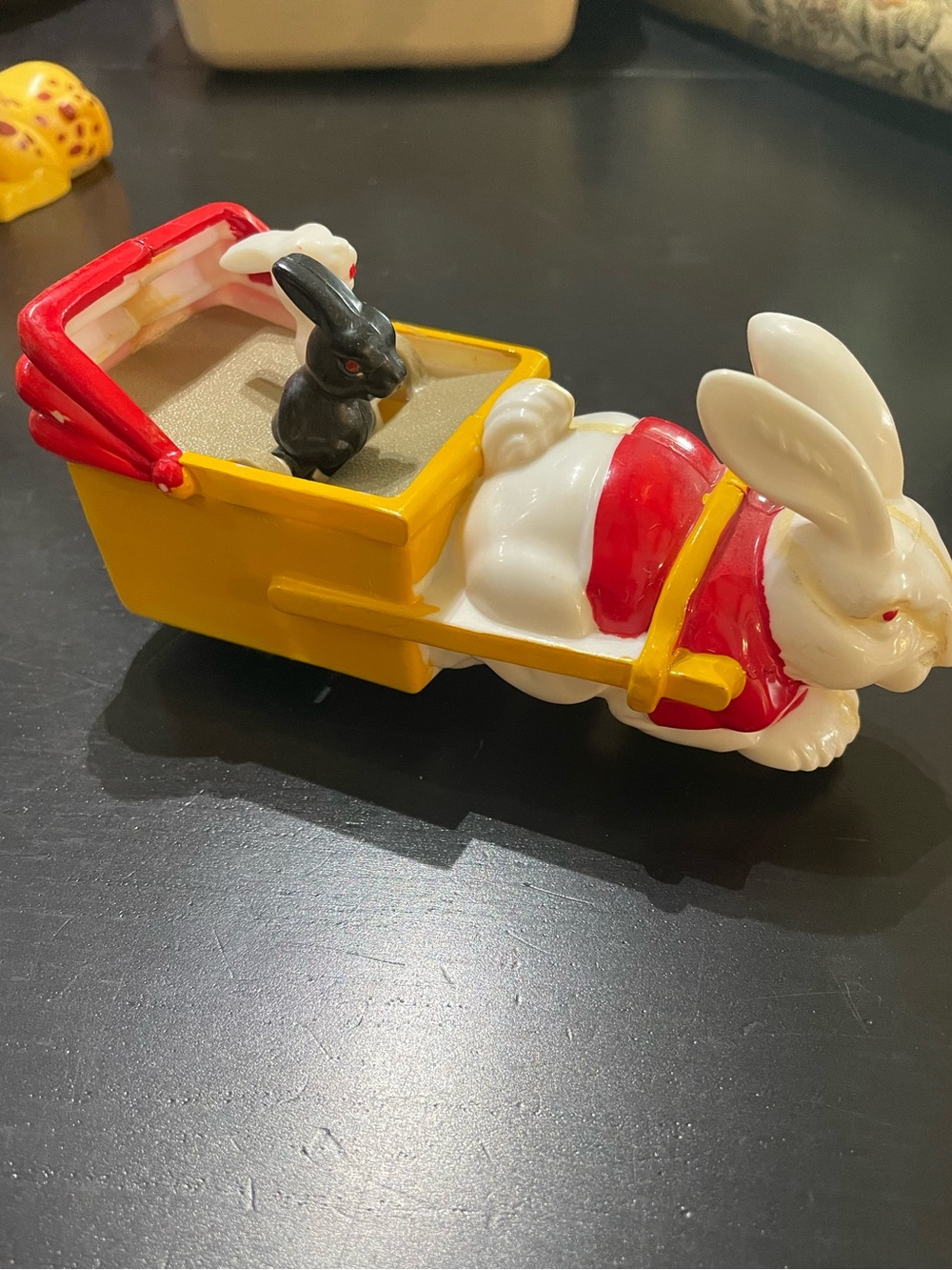 1950's Plastic Easter Bunny Pulling Cart Toy w babies Hong Kong pull main street